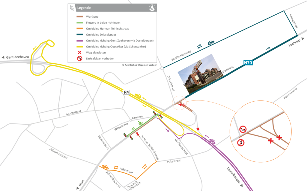 Wegomlegging afrit lochristi gesloten- kaart met beperkte wegomlegging naar de parketwinkel W&A parket- Lochristi - Gent - Oosakker